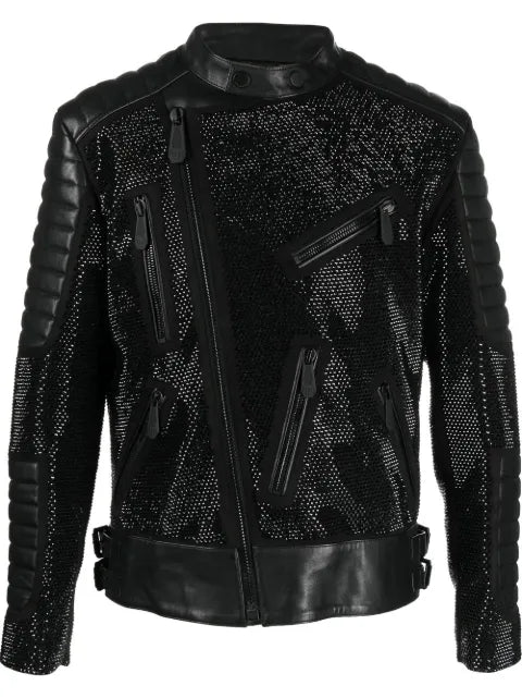 Philipp Plein leather disco biker jacket crystals