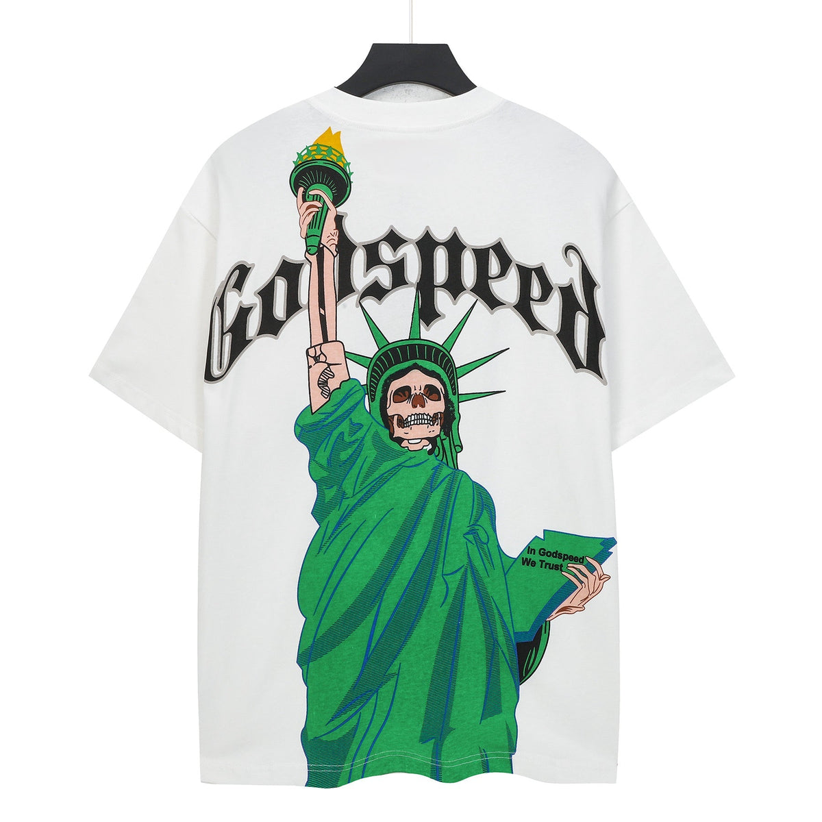 Godspeed Skeleton Statue Of Liberty Back‑Print Short Sleeve Tee (Vintage White)