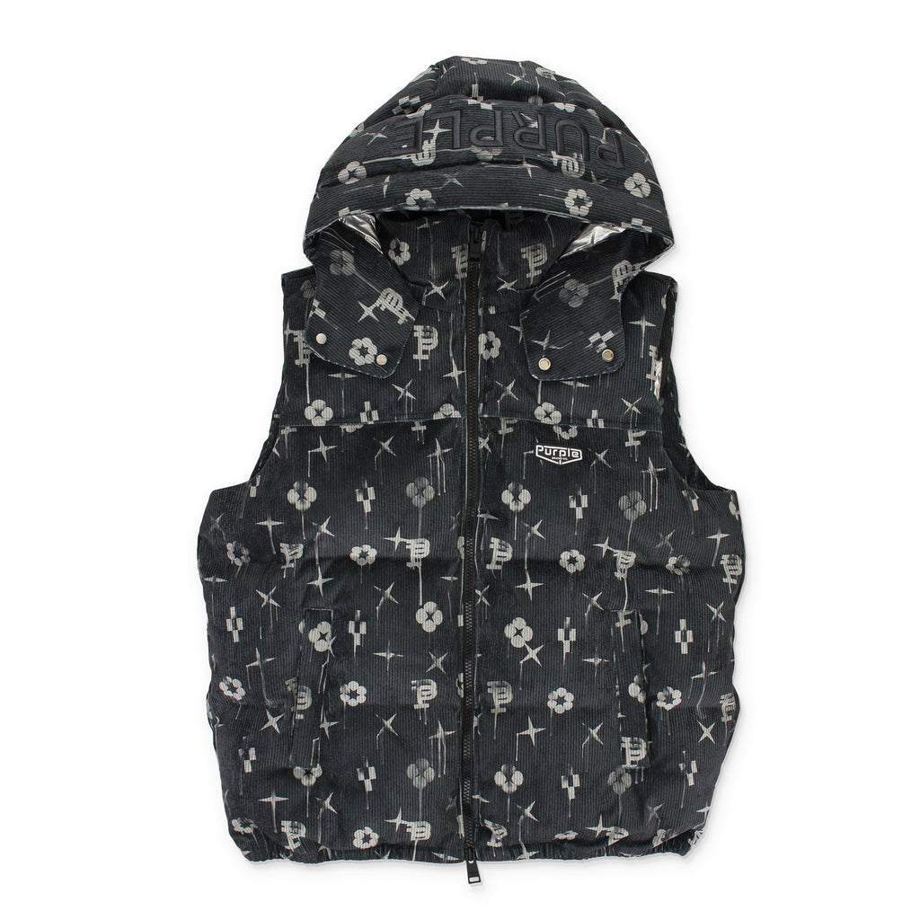 Black Printed Corduroy AOP Puffer Vest