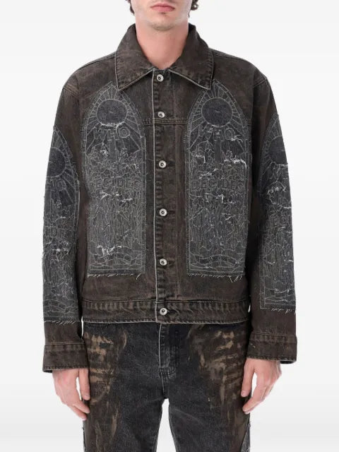 Who Decides War distressed Cathedral-patch denim jacket
