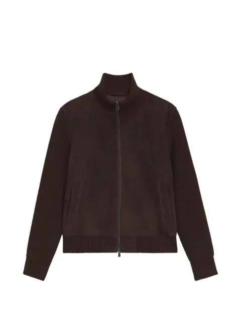 BOSS suede-panelled ribbed-knit jacket