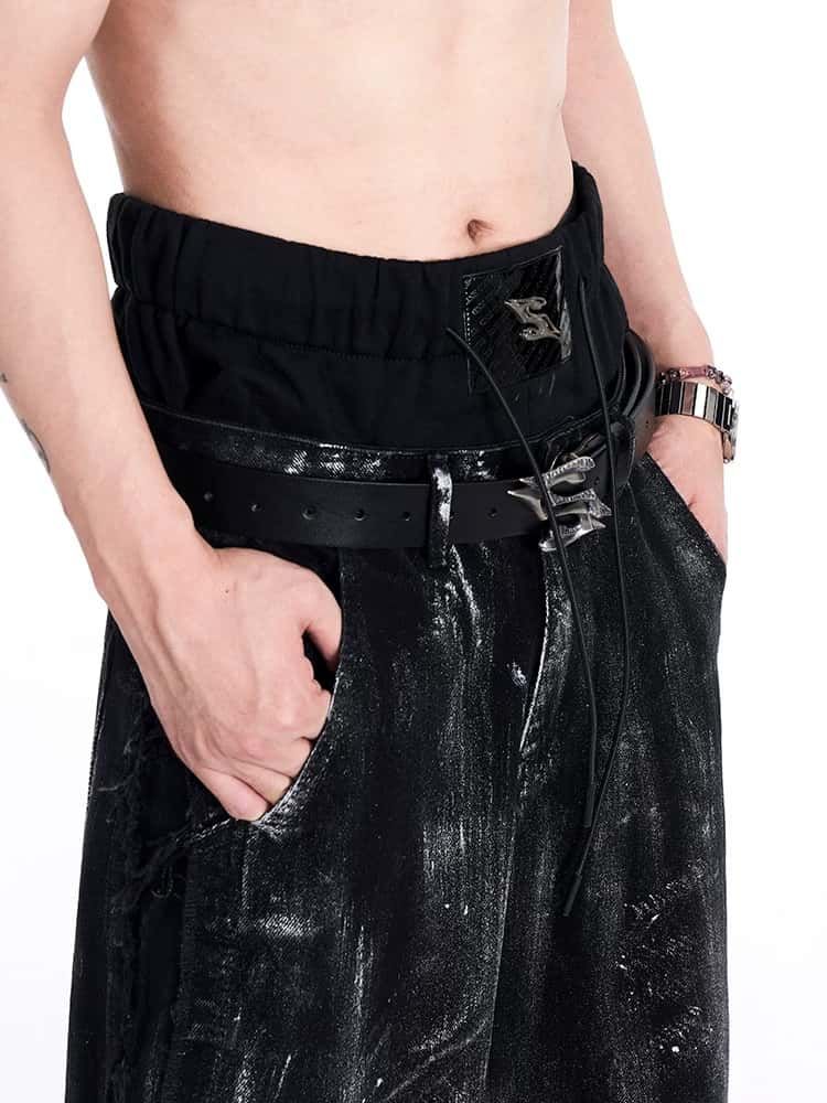 Startexceedend Leather Belt Abstract Sculptural Metal Buckle Waist