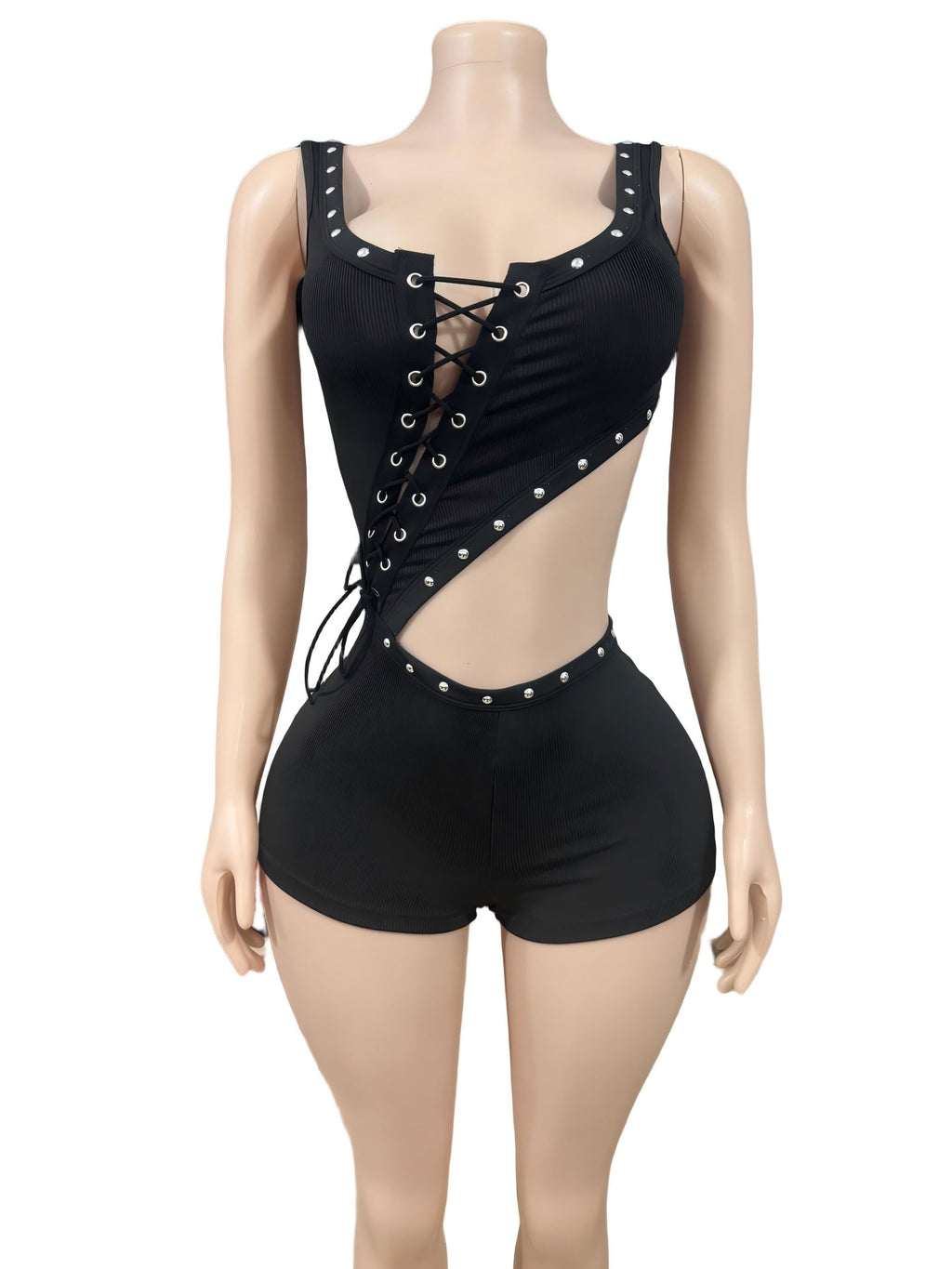 Eyelet Lace Up Cutout Sleeveless Romper Shorts