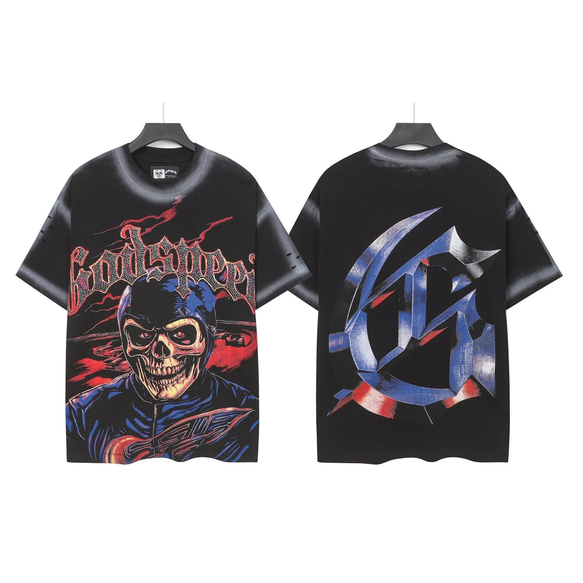 Godspeed Skull Graphic Distressed Sleeve T-Shirt