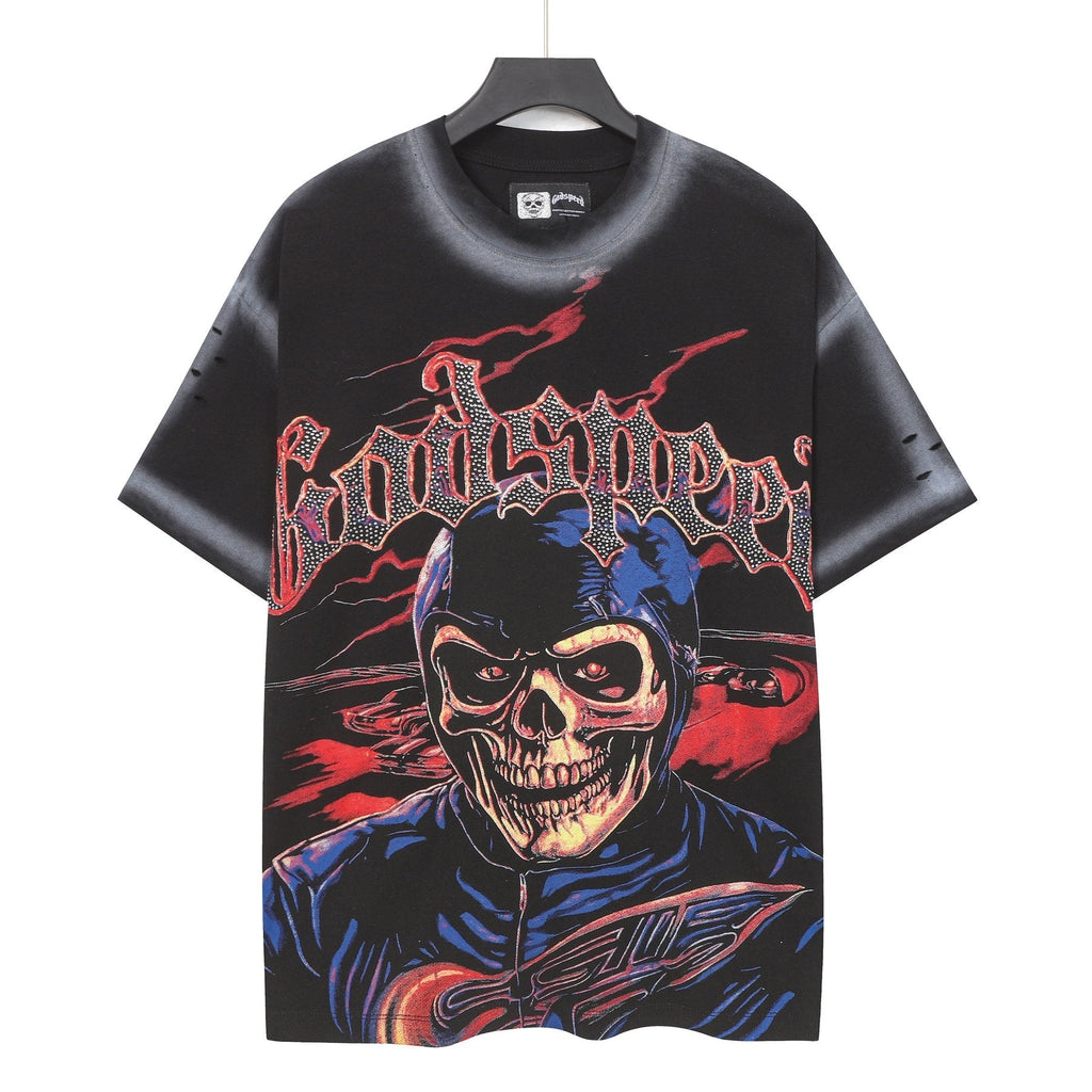 Godspeed Skull Graphic Distressed Sleeve T-Shirt
