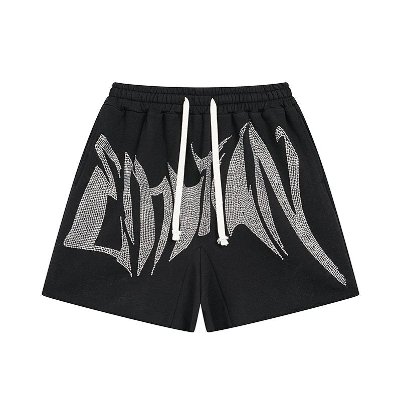 MIXED EMOTION Rhinestone Graphic Raw-Hem Shorts