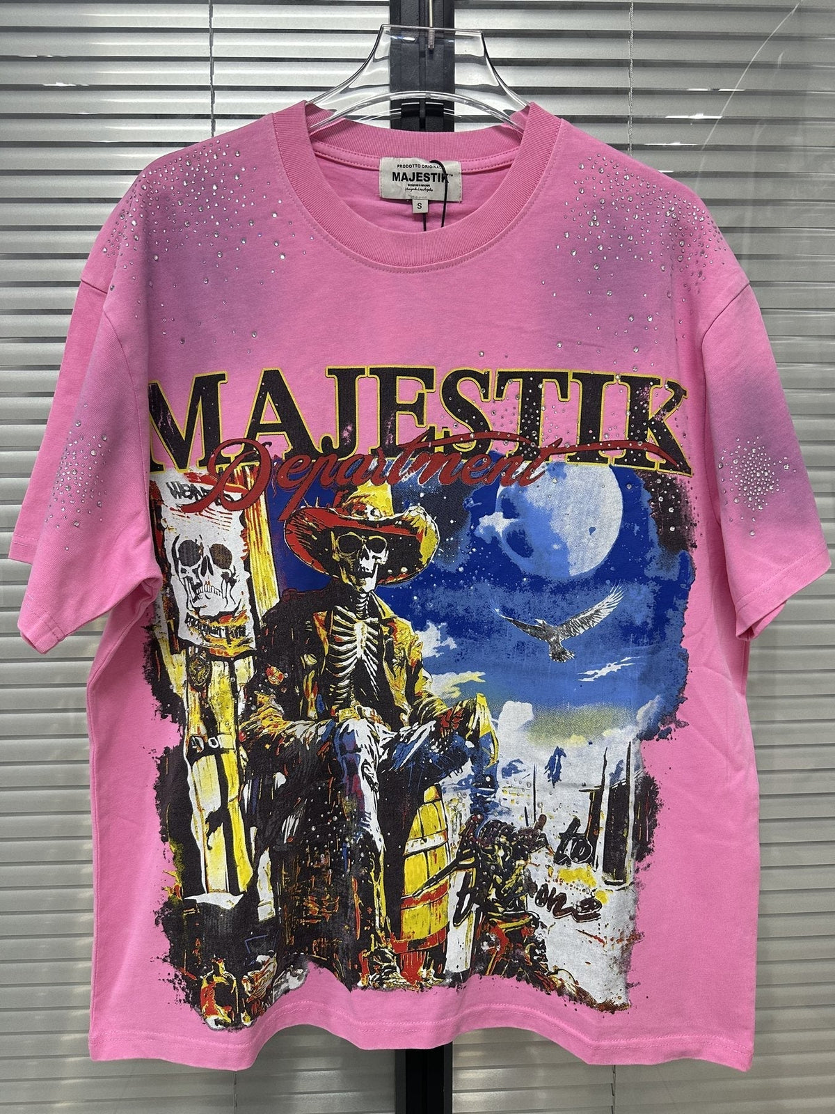 MAJESTIK Pink Rhinestone Distressed Graphic T-Shirt