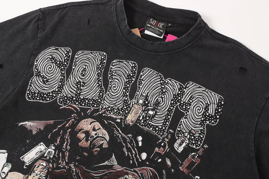 SAINT Free Alcohol Washed Black Graphic T-Shirt