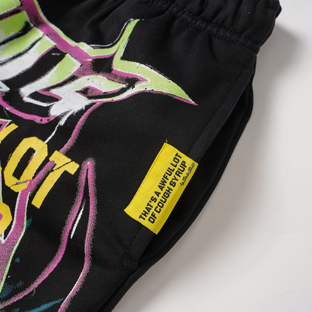 THAT'S A AWFUL LOT OF COUGH SYRUP Black Graphic Drawstring Shorts