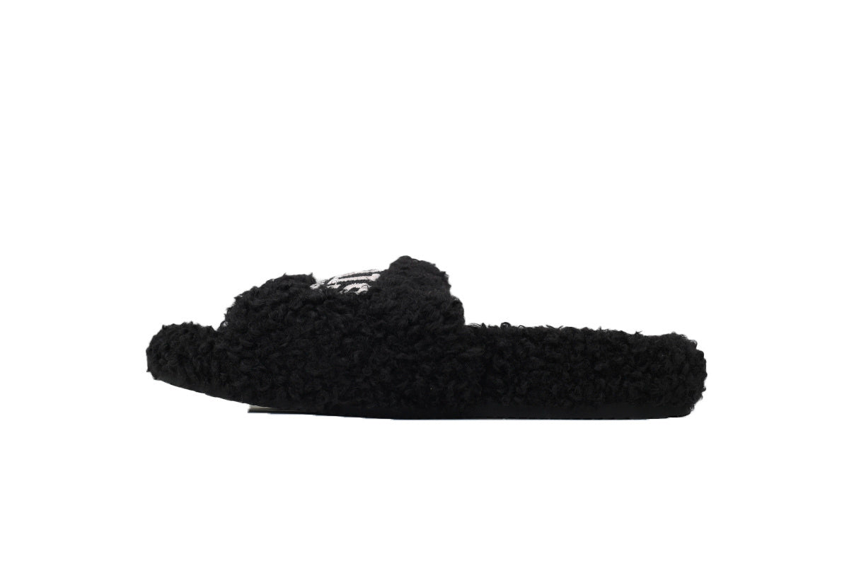 Balenciaga PARIS Label Furry Slides Black 654261 W2DO2 1001