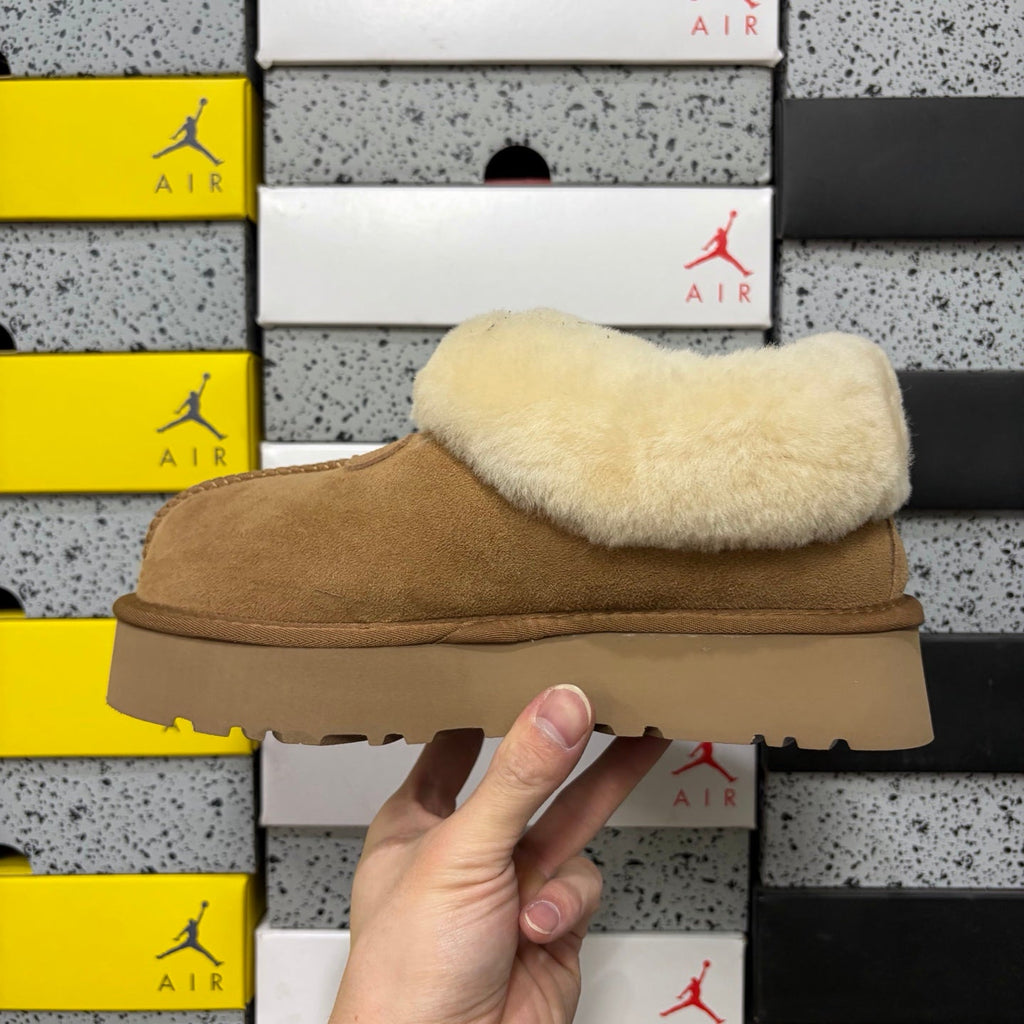 UGG Tazz Platform Slipper Boot with Cream Shearling Collar, Moccasin Toe Stitch & UGG Badge in Chestnut