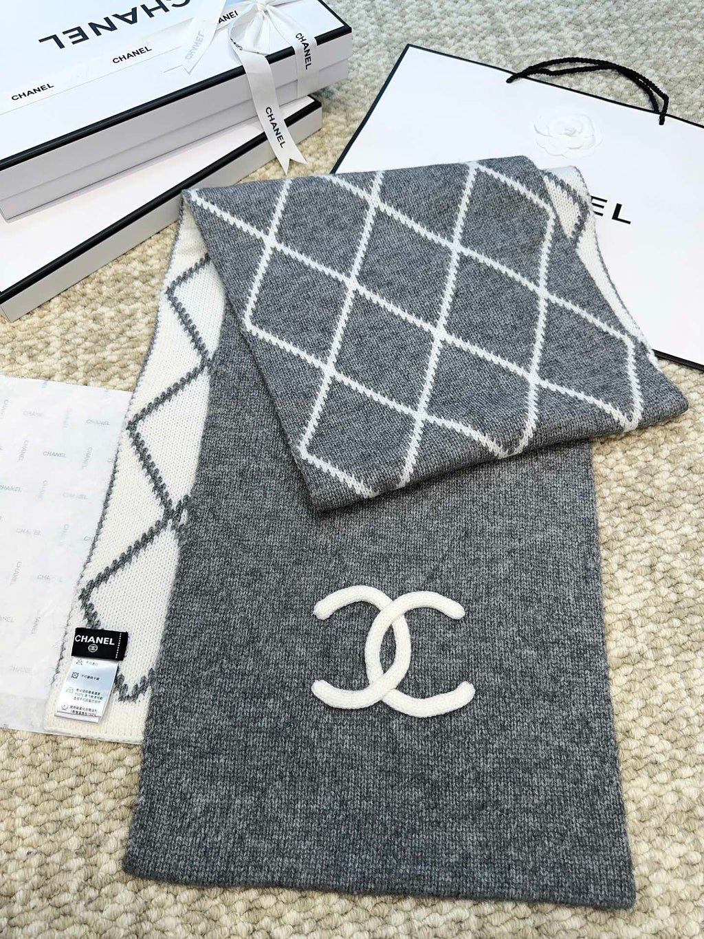 Chanel Style Reversible Diamond Logo Scarf