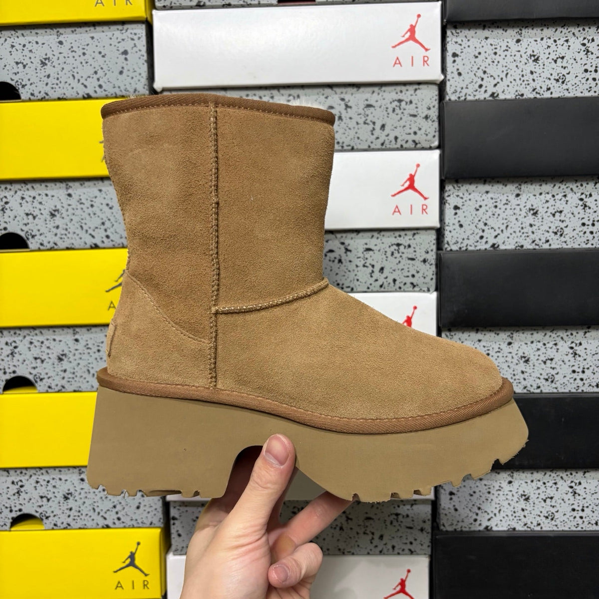 UGG Funkette Platform Clog – Women's Sherpa-Collar Suede Mule in Camel