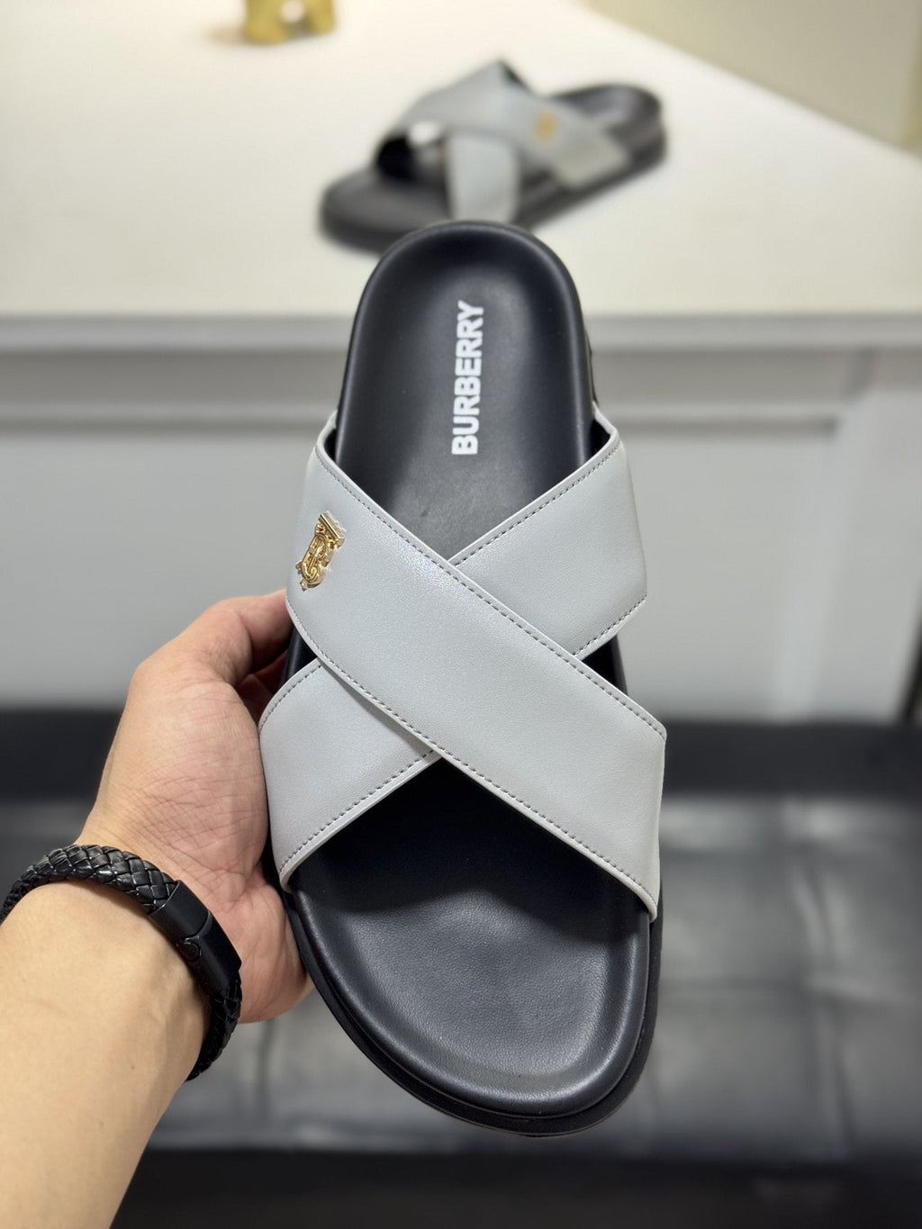 Burberry Light Gray Cross-Strap Slide Sandals