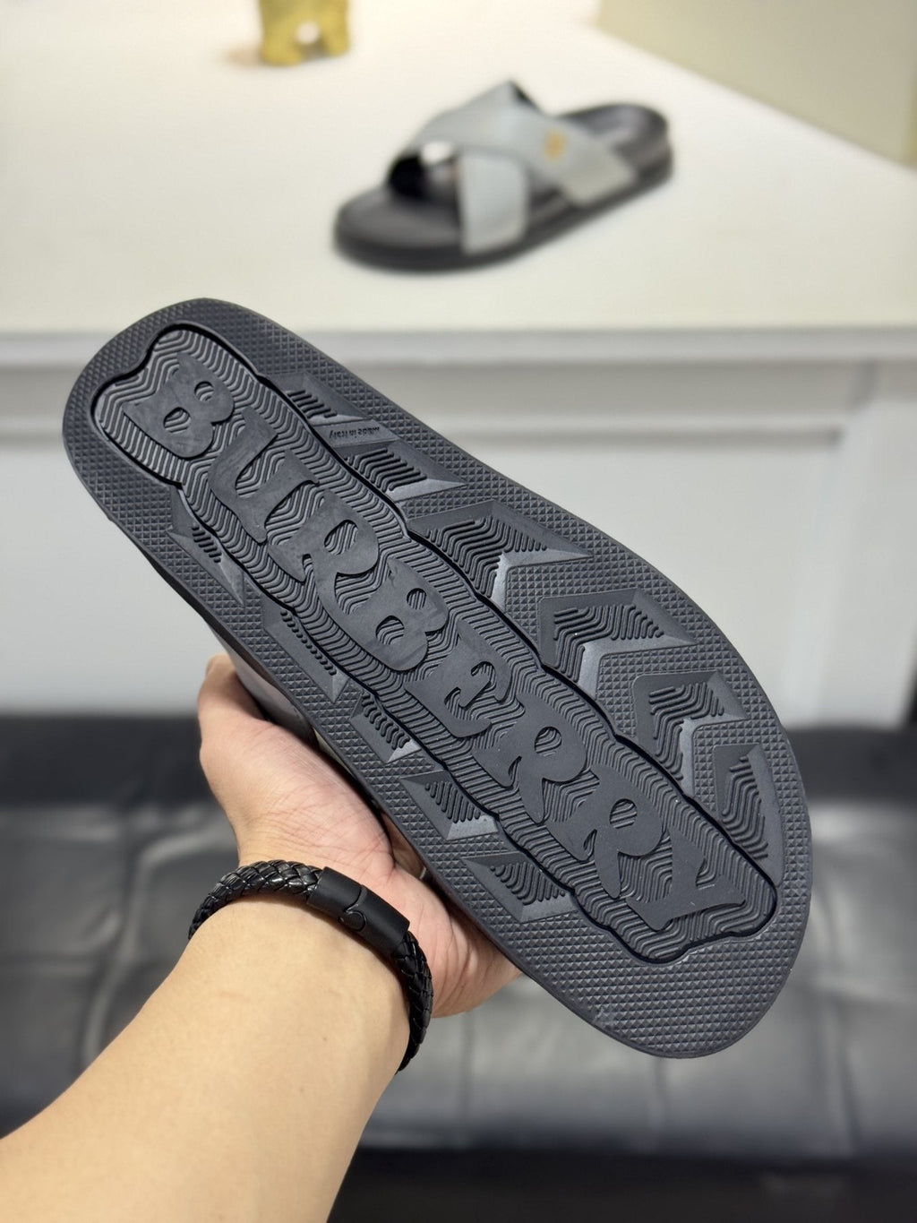 Burberry Light Gray Cross-Strap Slide Sandals