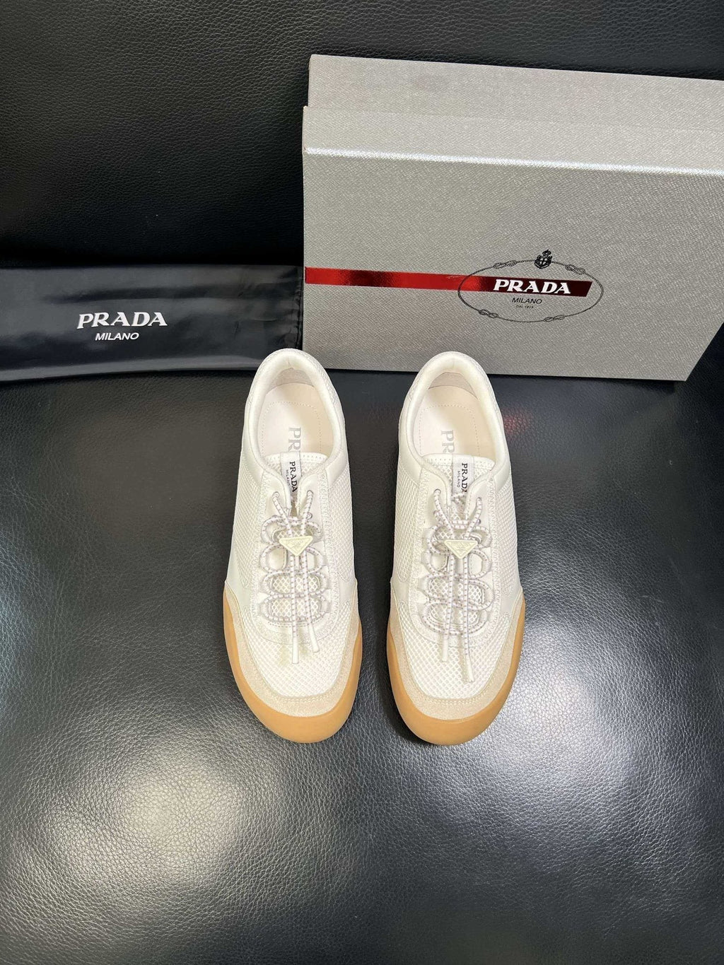 Prada Men's White Gum Sole Low-Top Sneakers