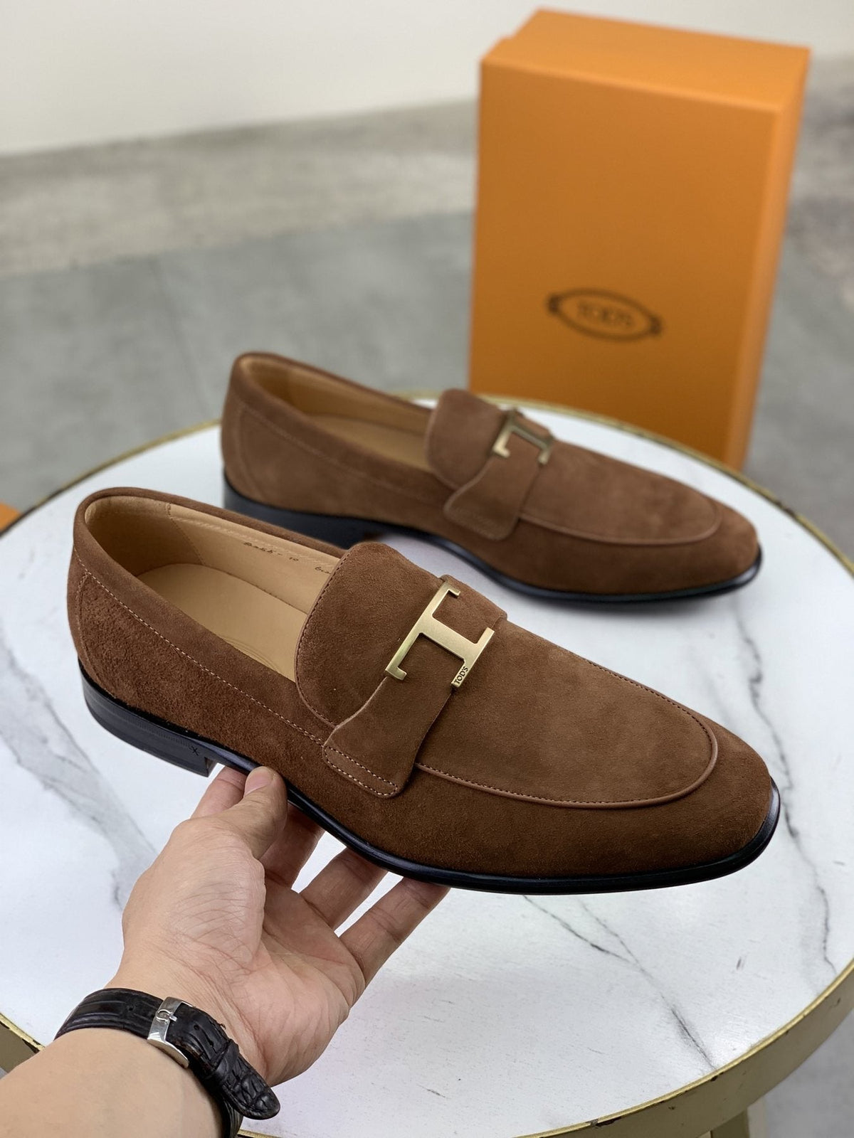 TODS Brown Suede T-Hardware Loafers