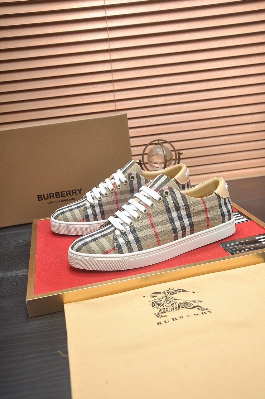 Burberry Beige Check Low-Top Sneakers - White Laces And White Rubber Sole