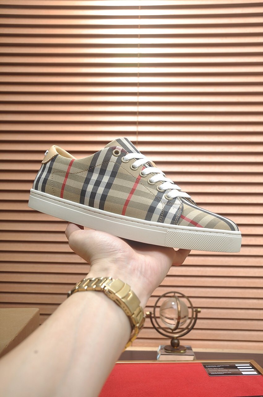 Burberry Beige Check Low-Top Sneakers - White Laces And White Rubber Sole