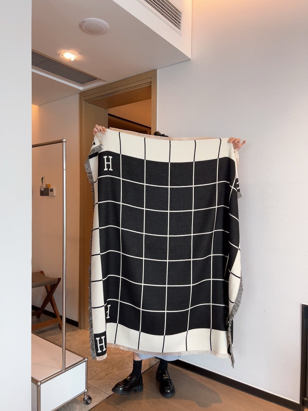 Hermès Black & Ivory Grid Square Scarf
