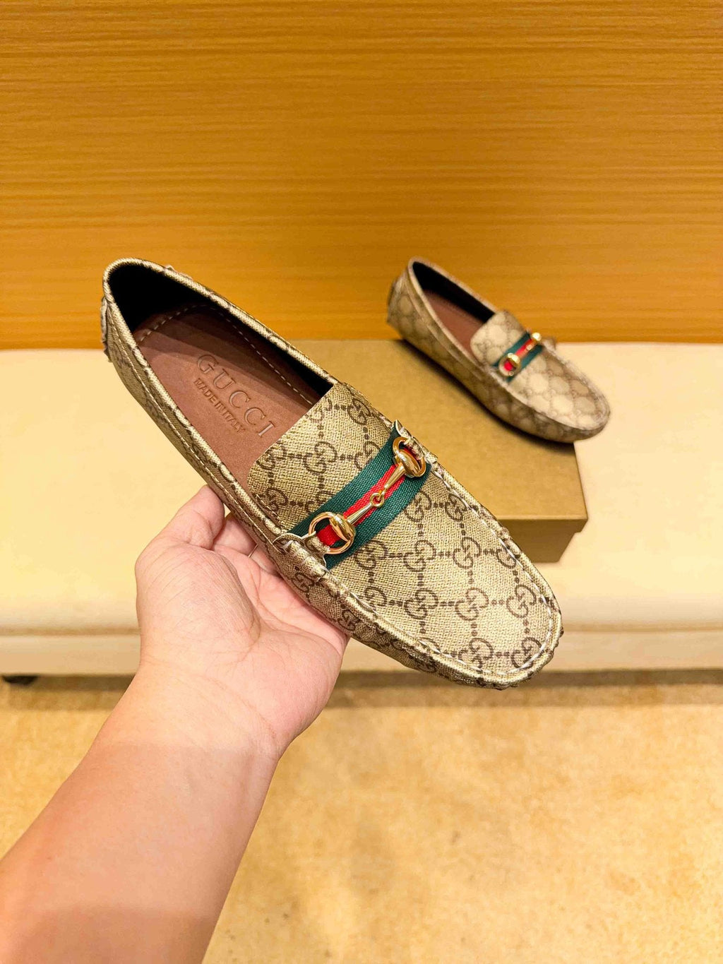 Gucci Beige Tan Monogram Horsebit Loafers