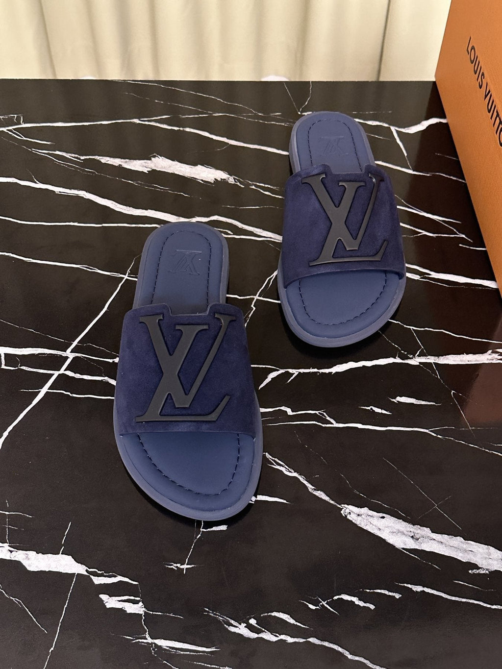 Louis Vuitton Men's Navy Blue Logo Slide Sandals