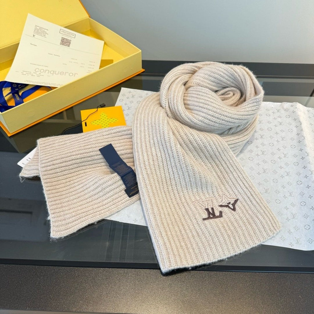 Louis Vuitton Cream Beige Beanie & Scarf Set