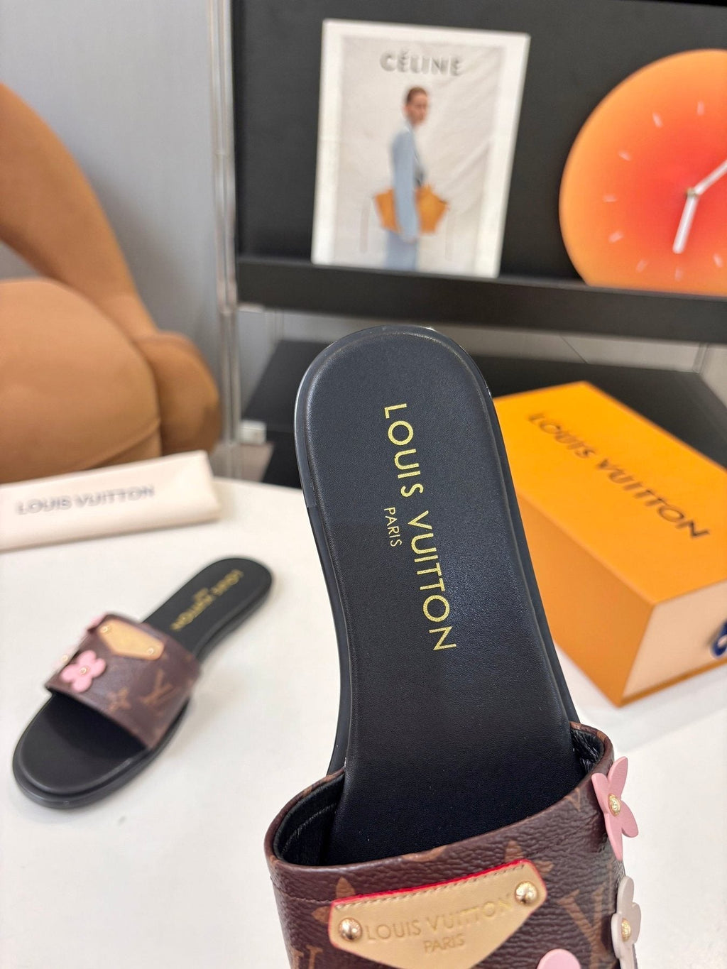 Louis Vuitton Floral Slide Sandals - Dark Brown, Black & Pink