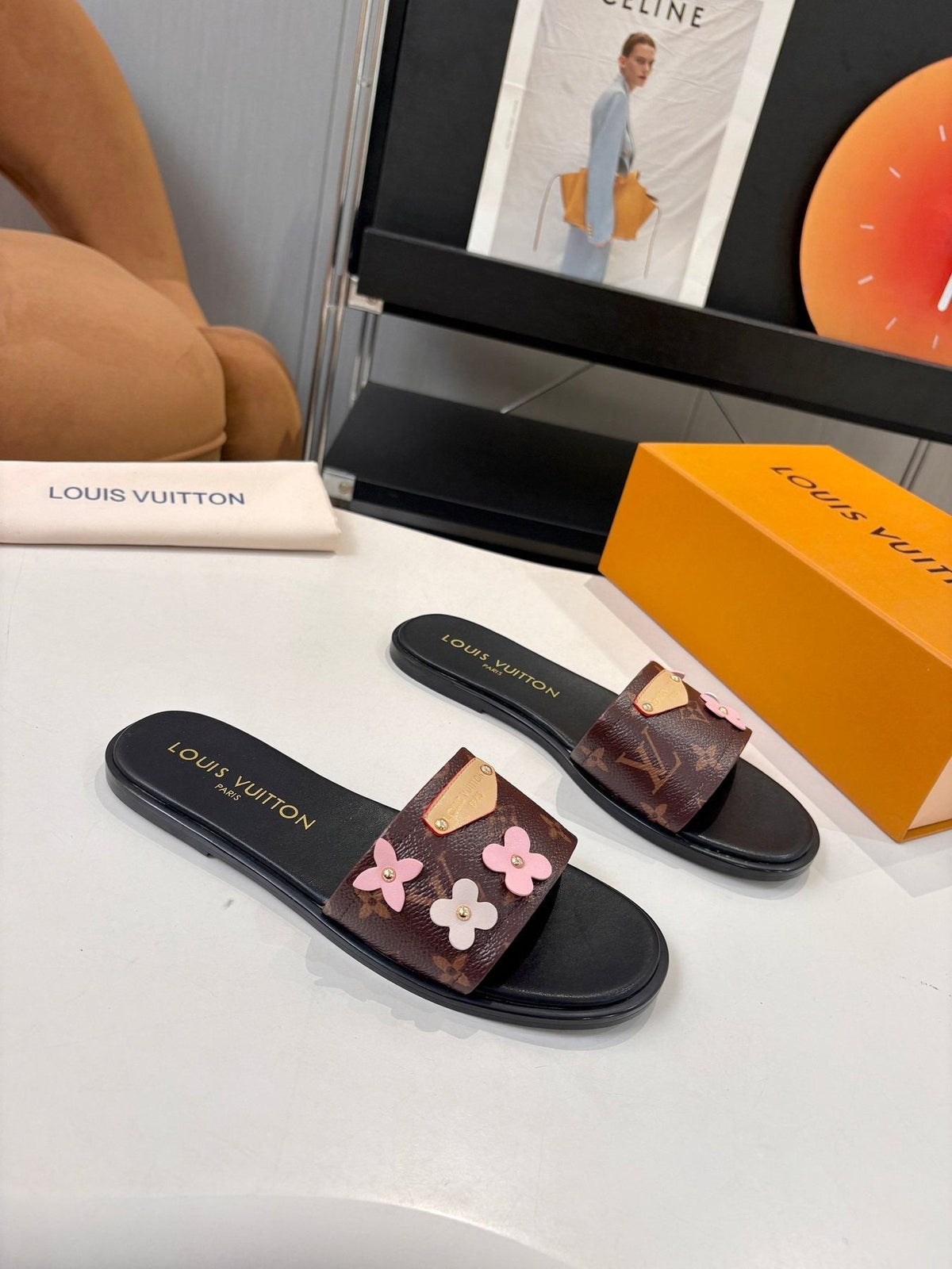 Louis Vuitton Floral Slide Sandals - Dark Brown, Black & Pink