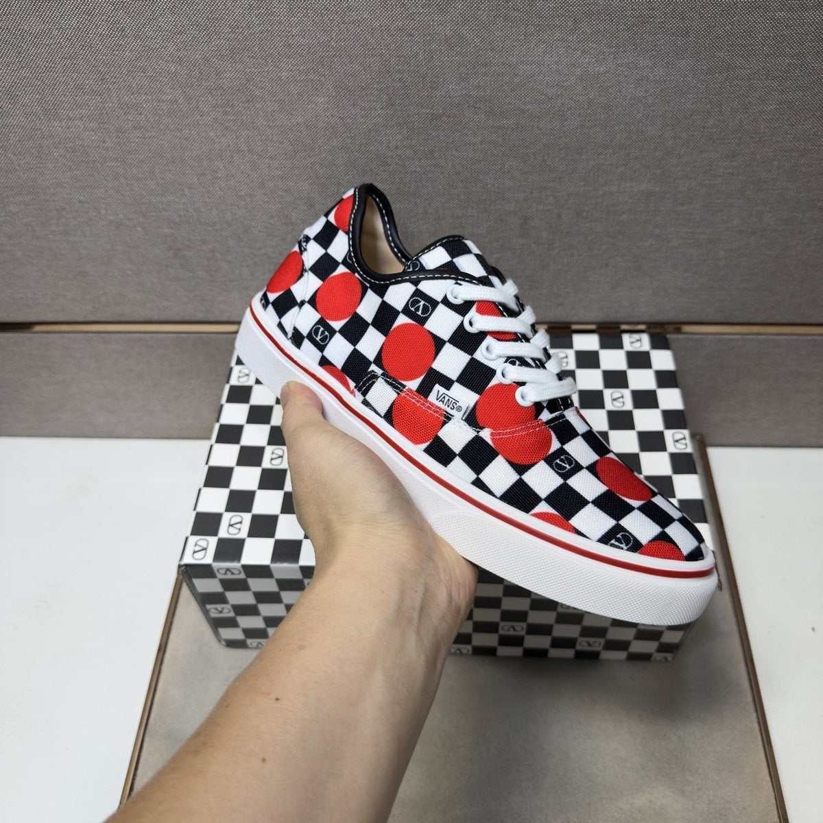 Vans Men's Checkerboard Red Accent Sneakers