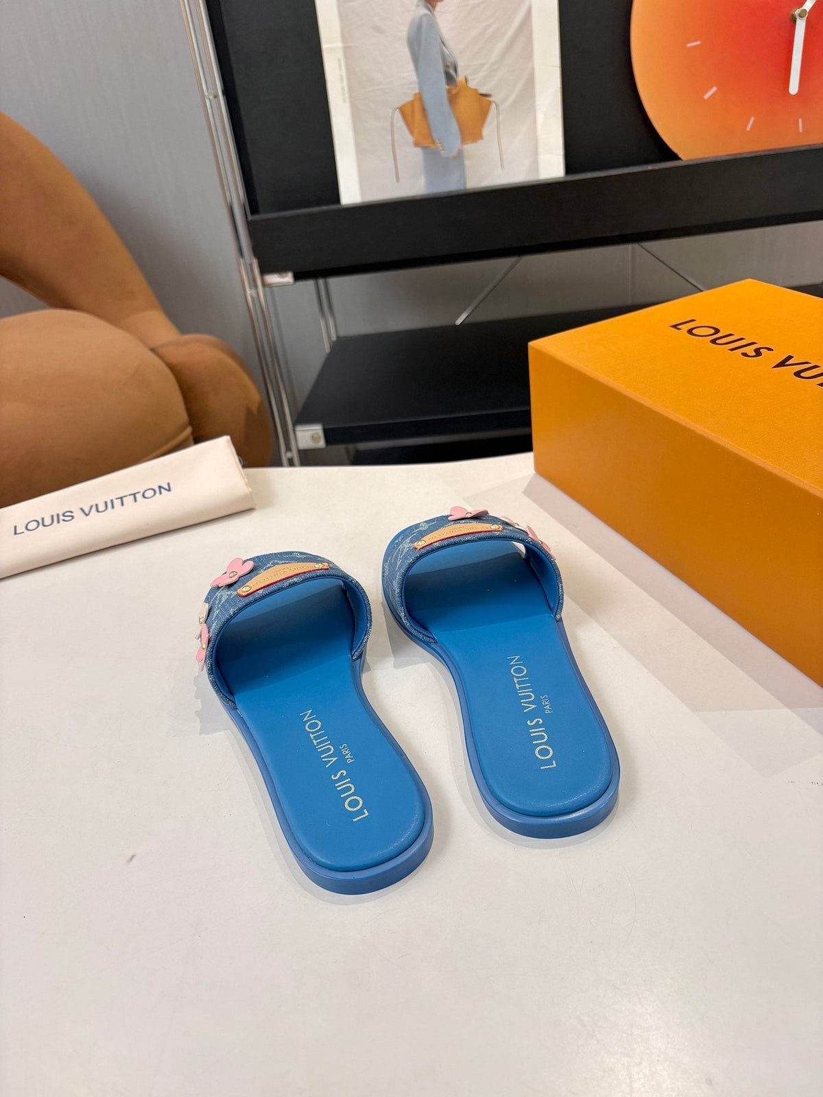 Louis Vuitton Blue Floral Slide Sandals