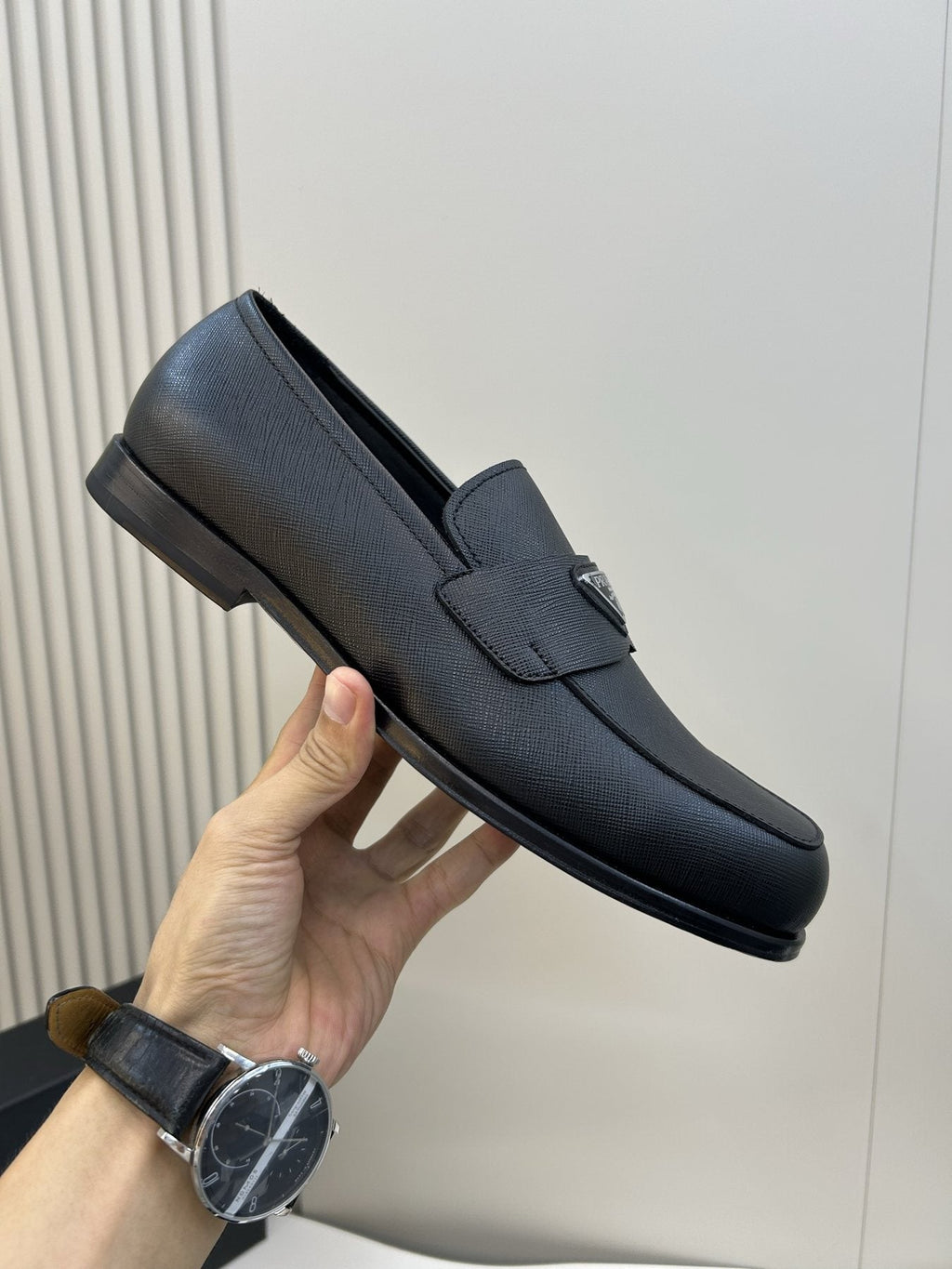 Prada Black Triangular Plaque Loafers