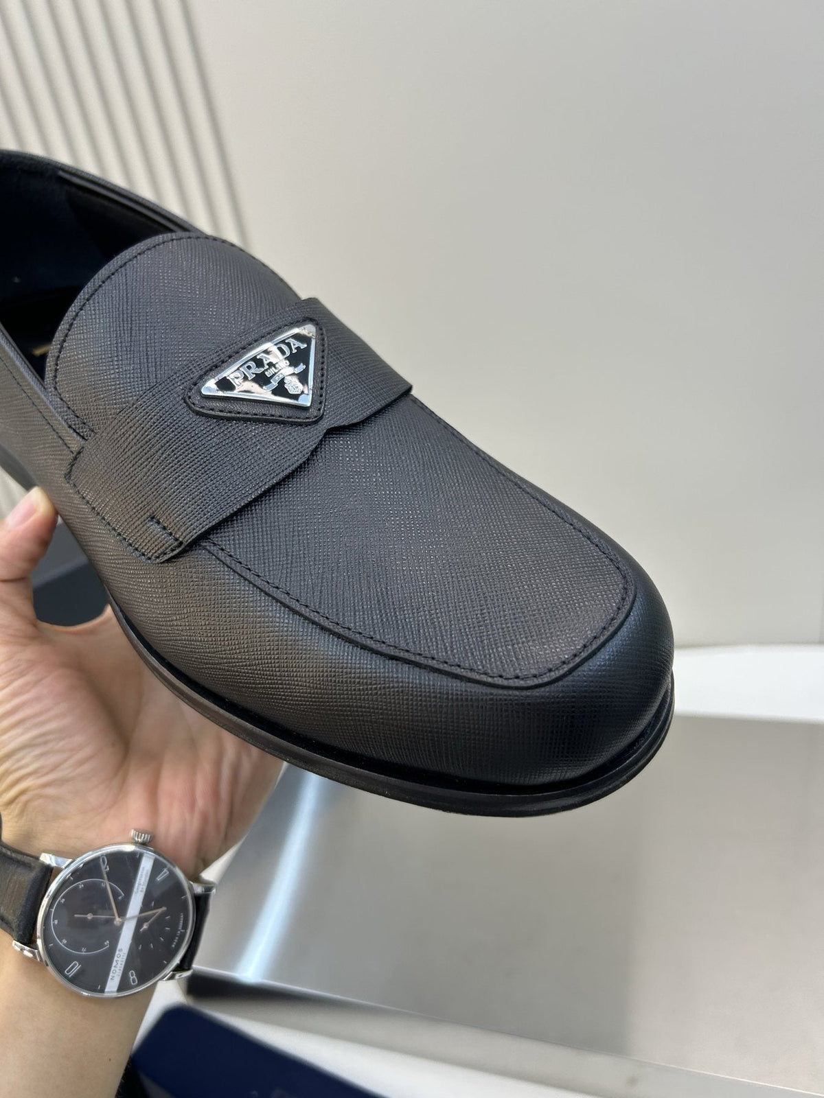 Prada Black Triangular Plaque Loafers