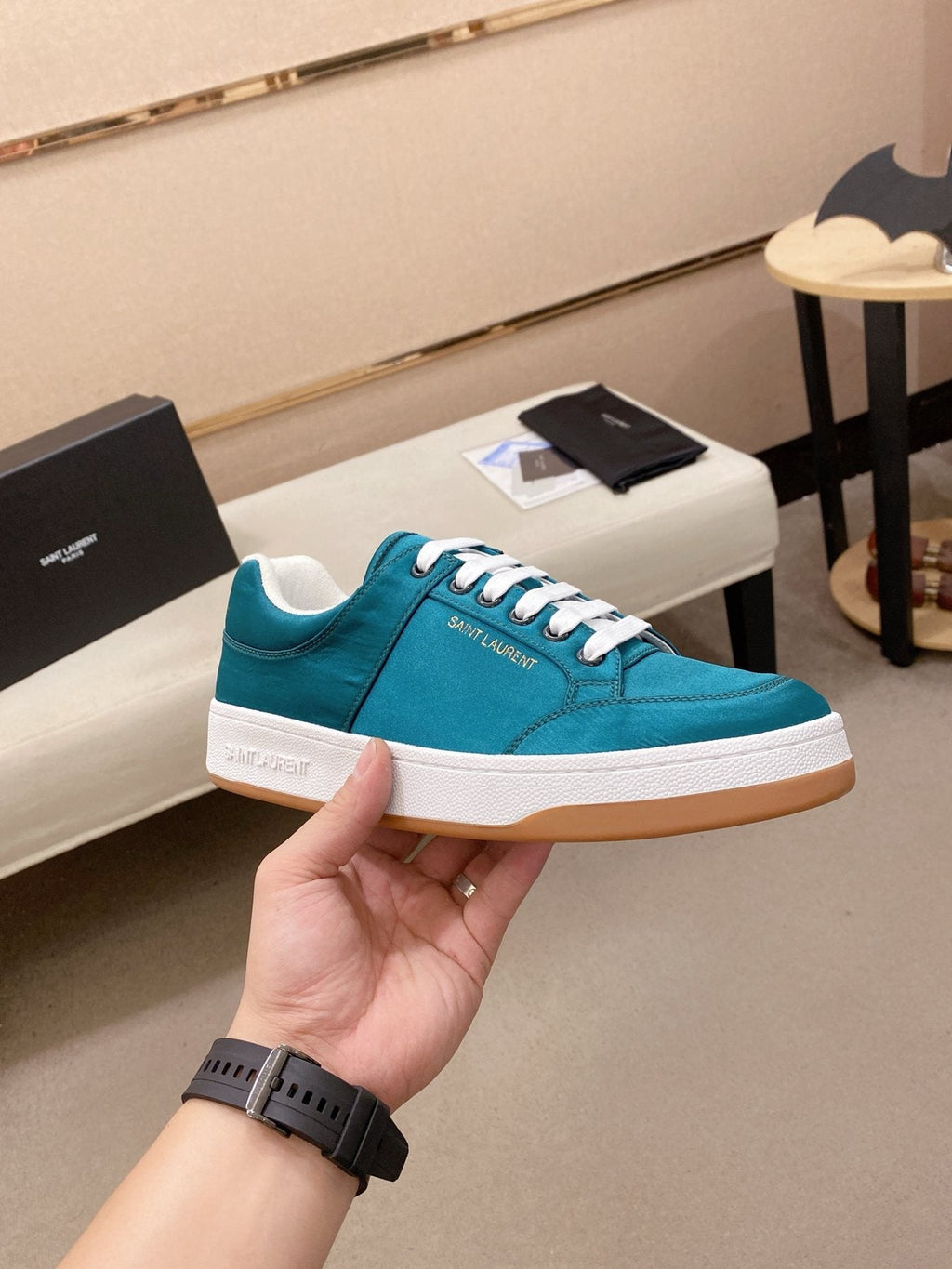 Saint Laurent Teal Blue Perforated Low-Top Sneakers