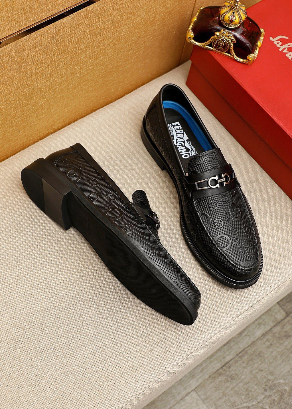 Ferragamo Black Embossed Buckle Loafers - Blue Leather Lining