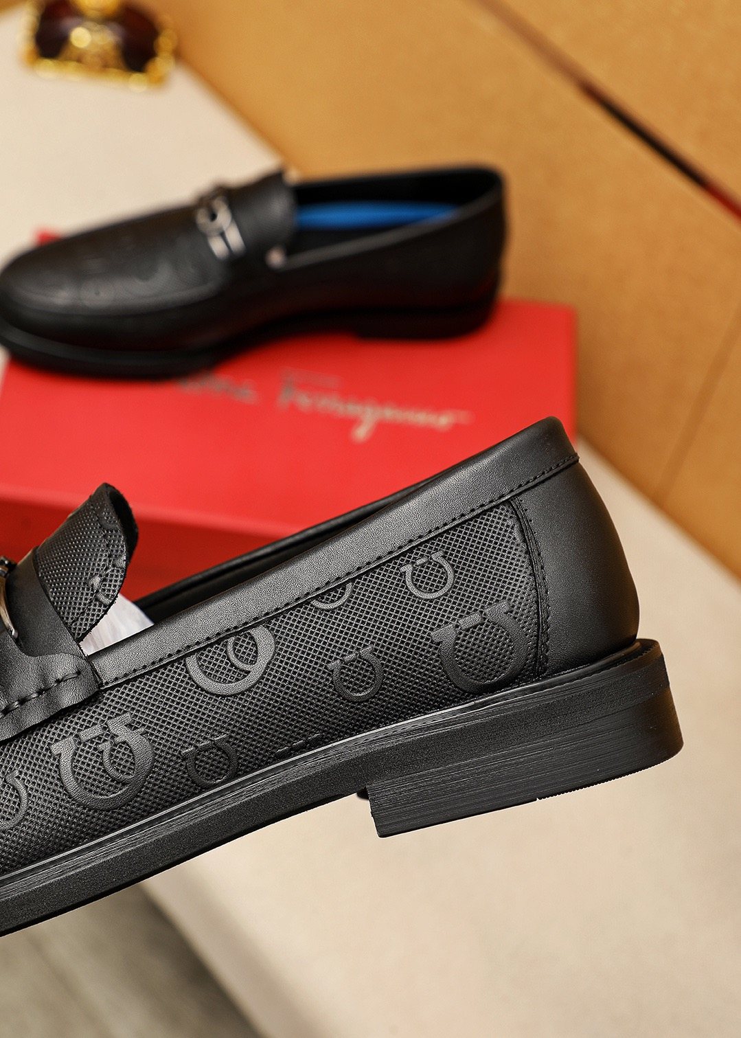 Ferragamo Black Embossed Buckle Loafers - Blue Leather Lining