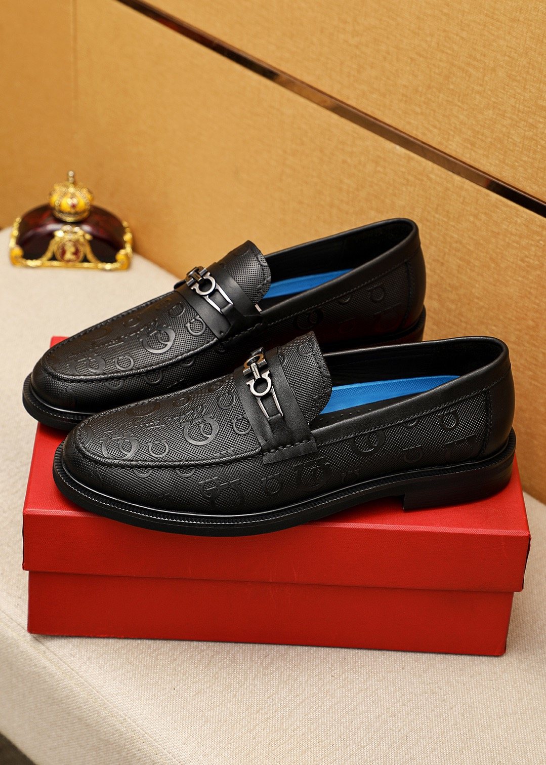 Ferragamo Black Embossed Buckle Loafers - Blue Leather Lining