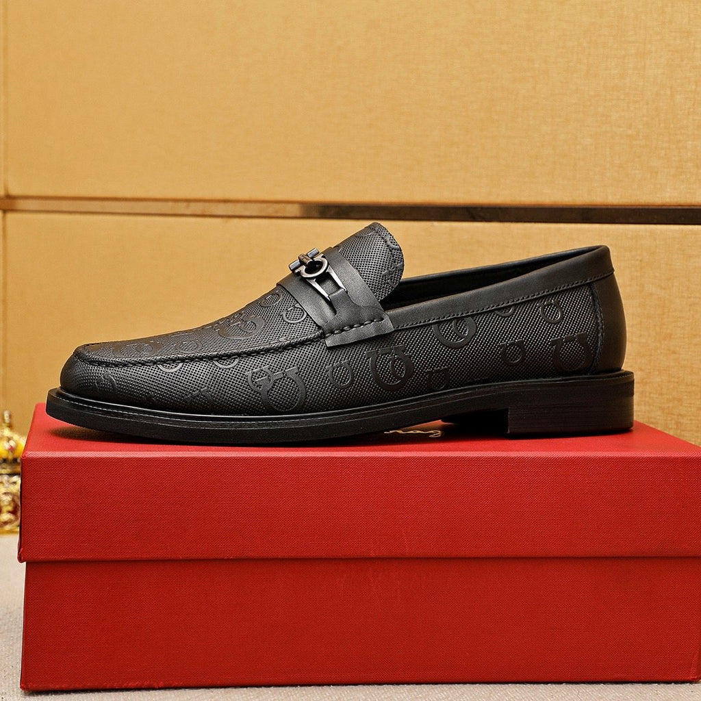 Ferragamo Black Embossed Buckle Loafers - Blue Leather Lining