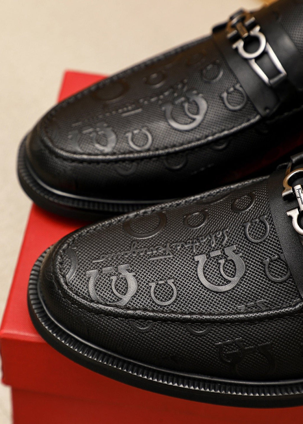 Ferragamo Black Embossed Buckle Loafers - Blue Leather Lining