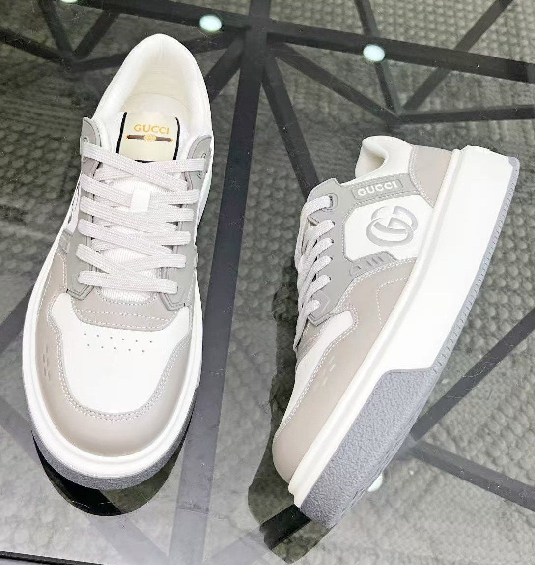 Gucci White and Light Gray Low-Top Sneakers