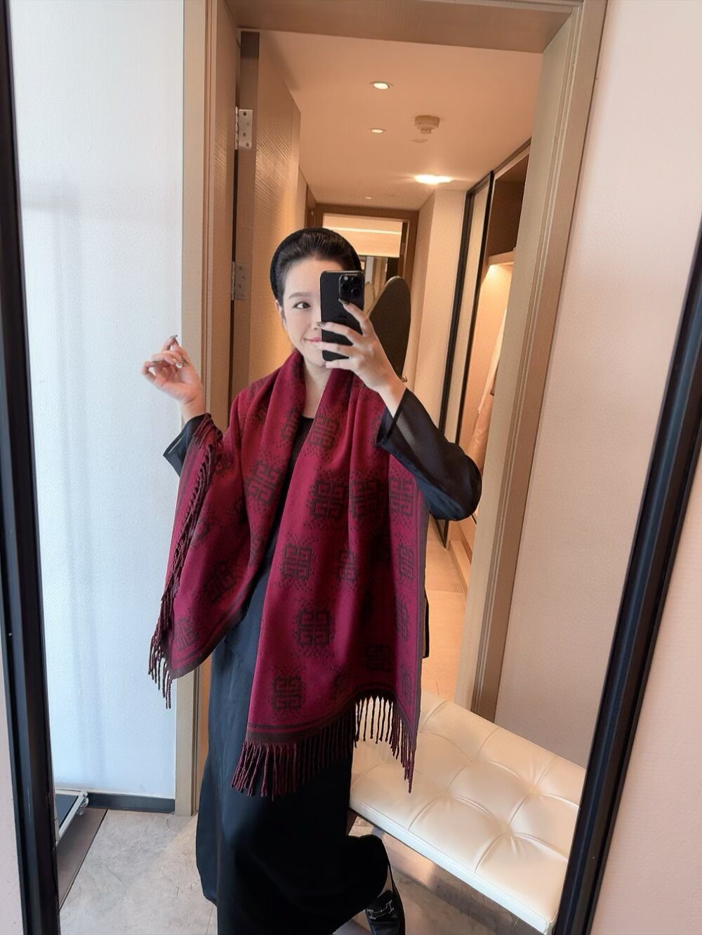 Givenchy Burgundy Geometric Fringe Scarf