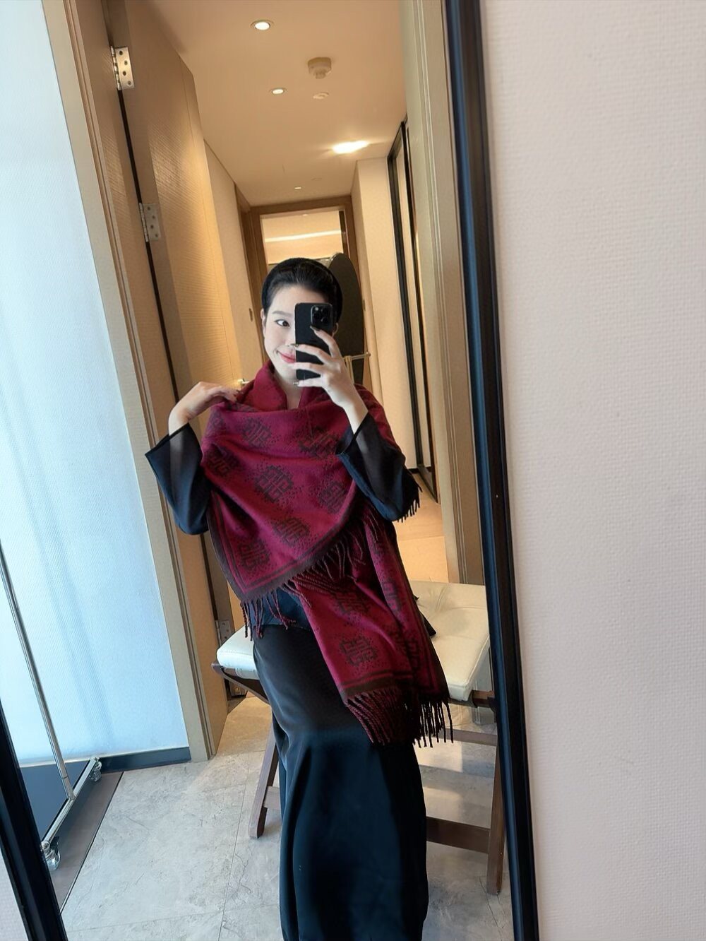 Givenchy Burgundy Geometric Fringe Scarf