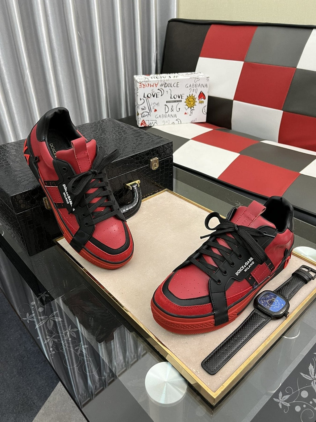 Dolce & Gabbana Red and Black Panel Sneakers