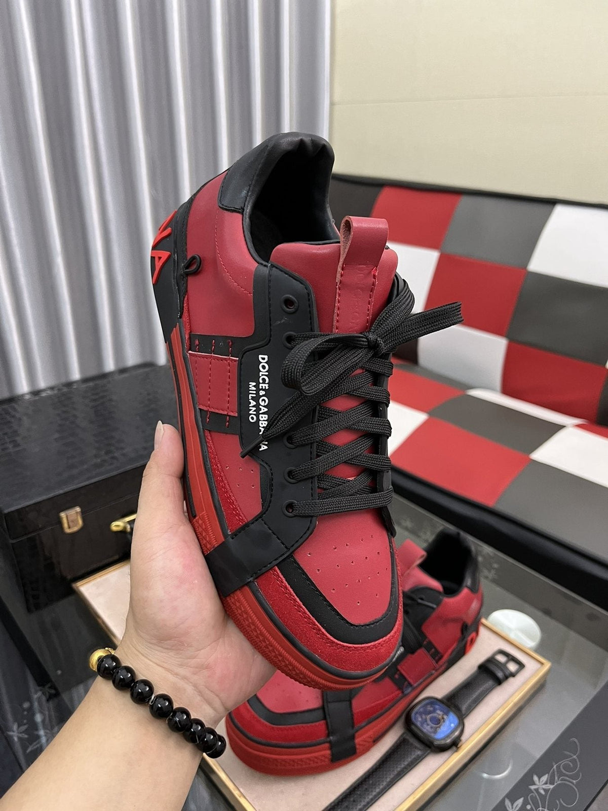 Dolce & Gabbana Red and Black Panel Sneakers