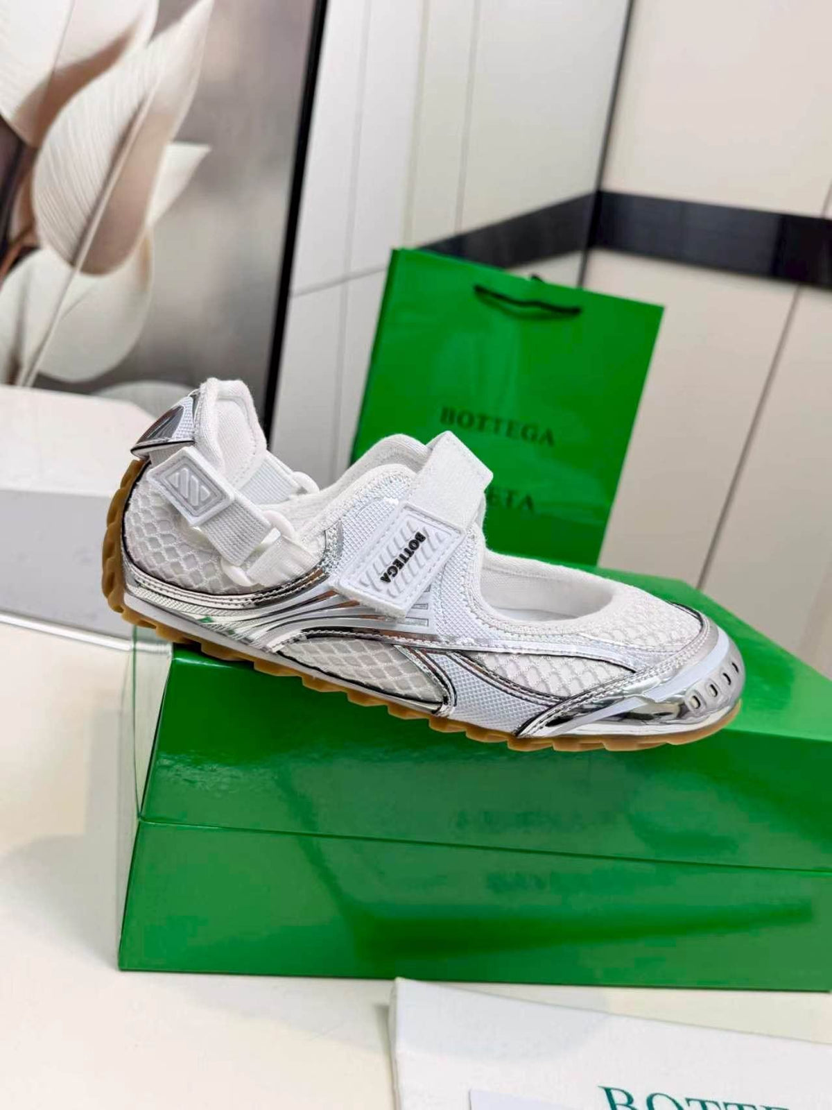 Bottega Veneta White Mesh Strap Sneakers