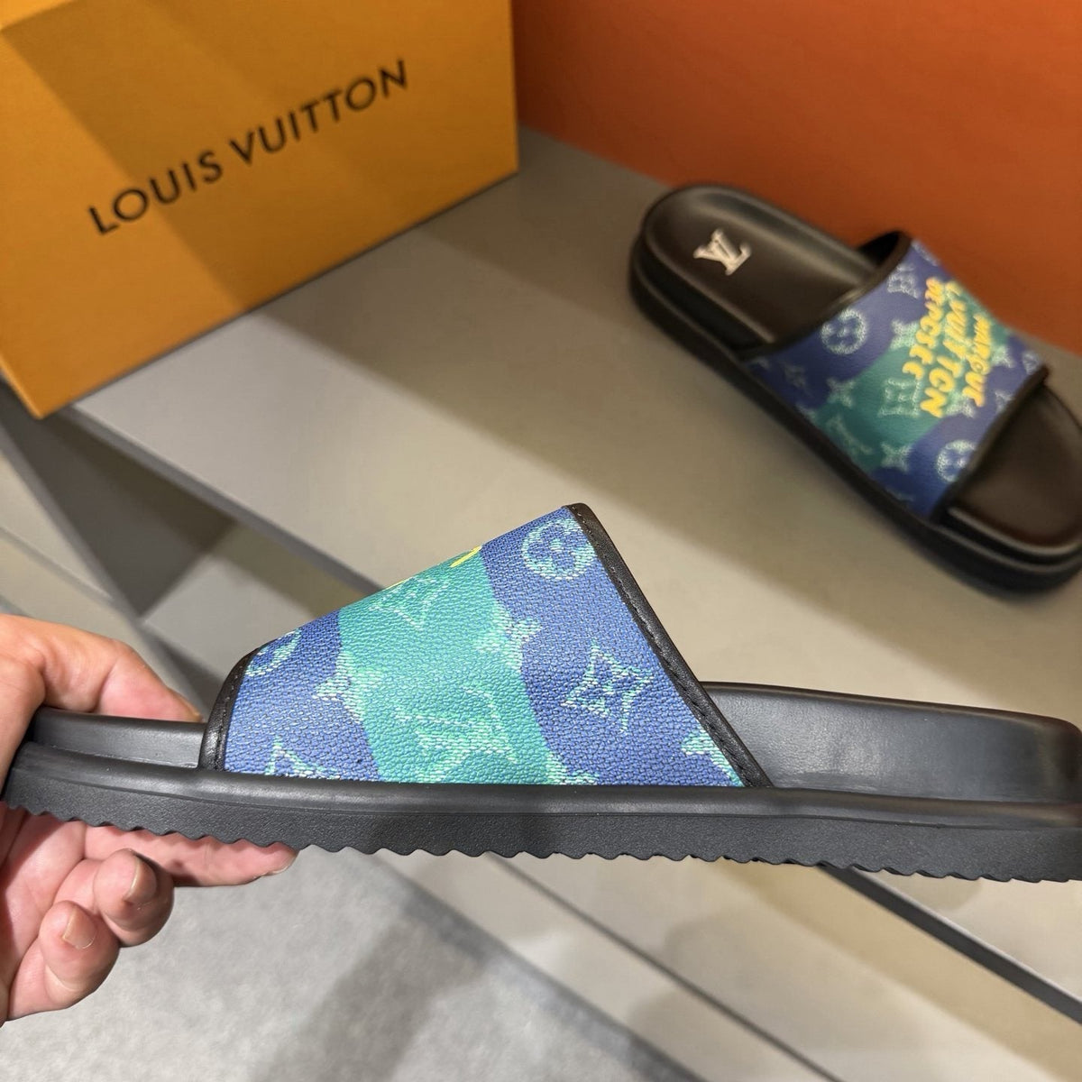 Louis Vuitton Blue Green Patterned Slide Sandals