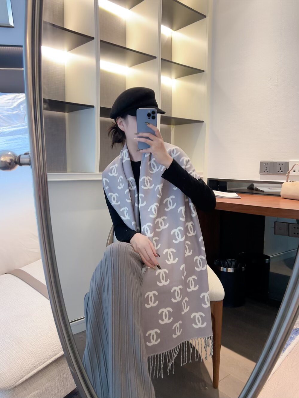 Chanel Interlocking Motif Fringed Scarf