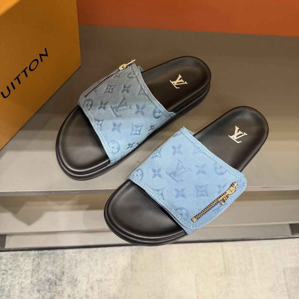 Louis Vuitton Light Blue Zip-Accent Slide Sandals