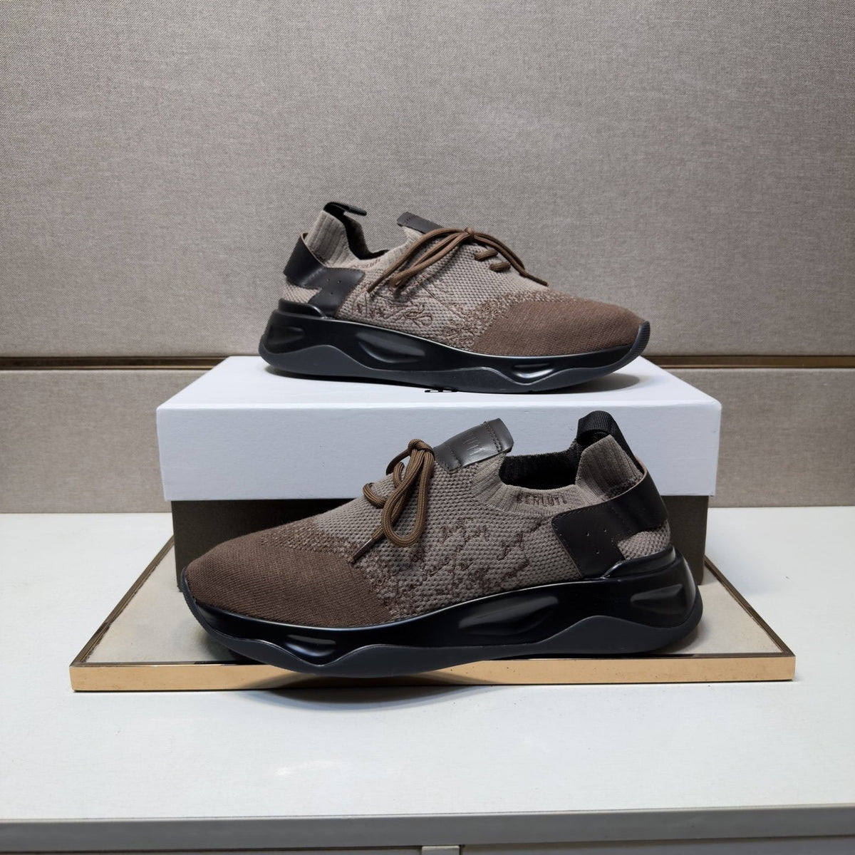 Berluti Men's Taupe Brown and Black Sneakers