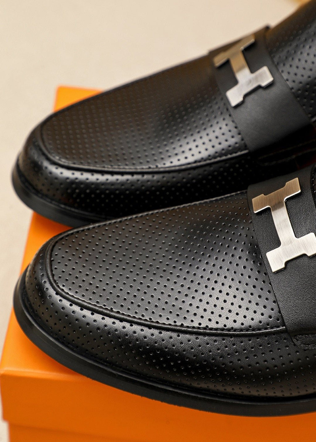 Hermès Black Perforated H-Hardware Loafers